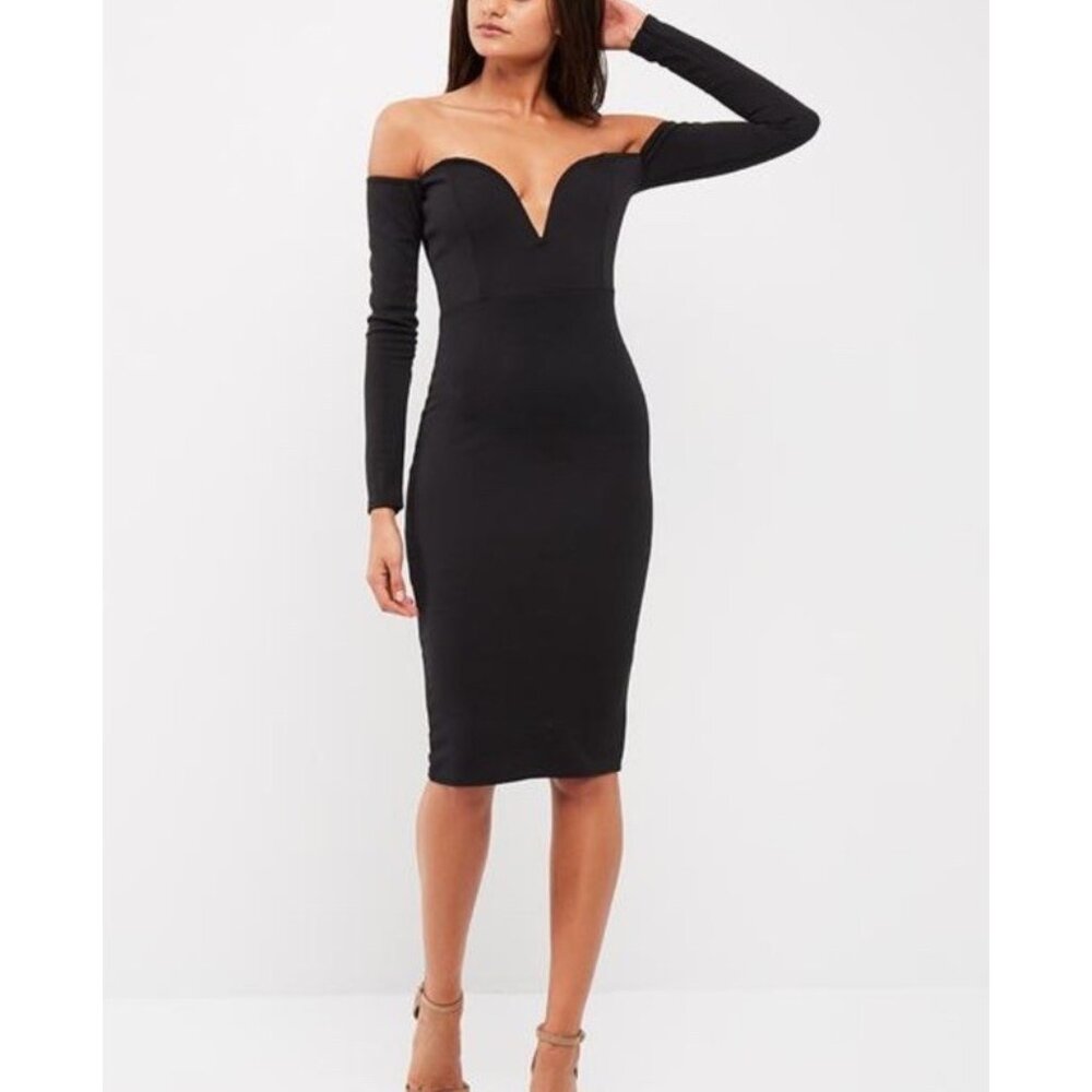 NWT Missguided Dress 10 Bardot V Bar Bodycon Black Long Sleeve Goth Corset